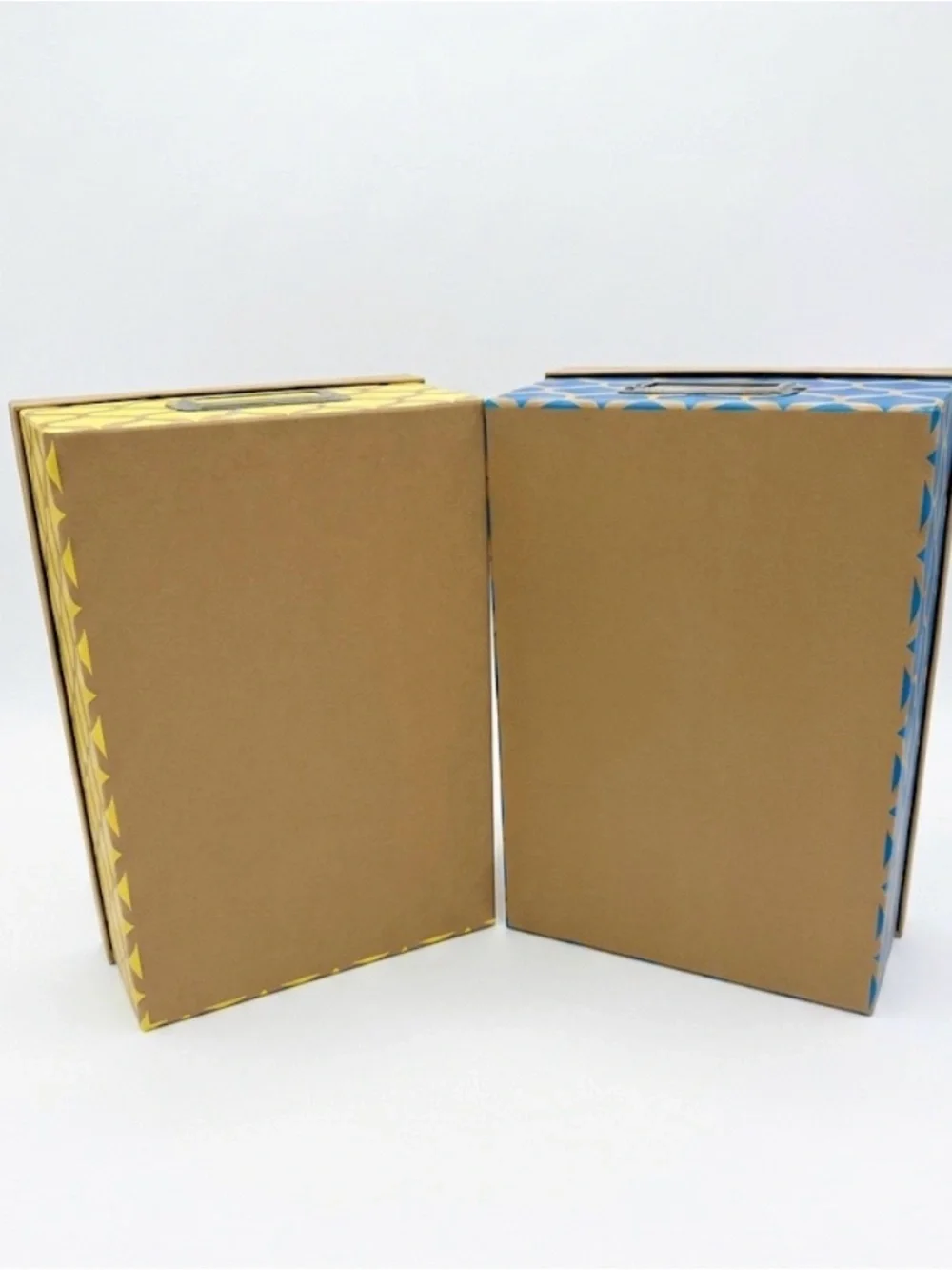 Yellow and Blue Patterned Storage Boxes with Lids